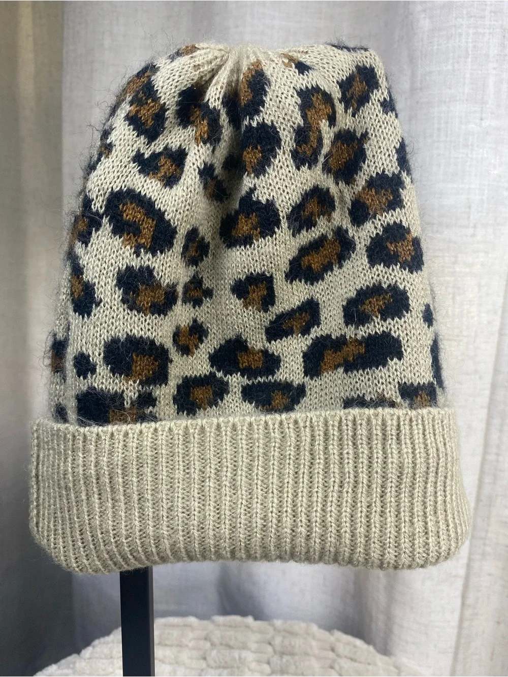 Apt 9 Leopard Print Knit Beanie Hat Tan Brown Cheetah Cuffed Winter Cap OSFM